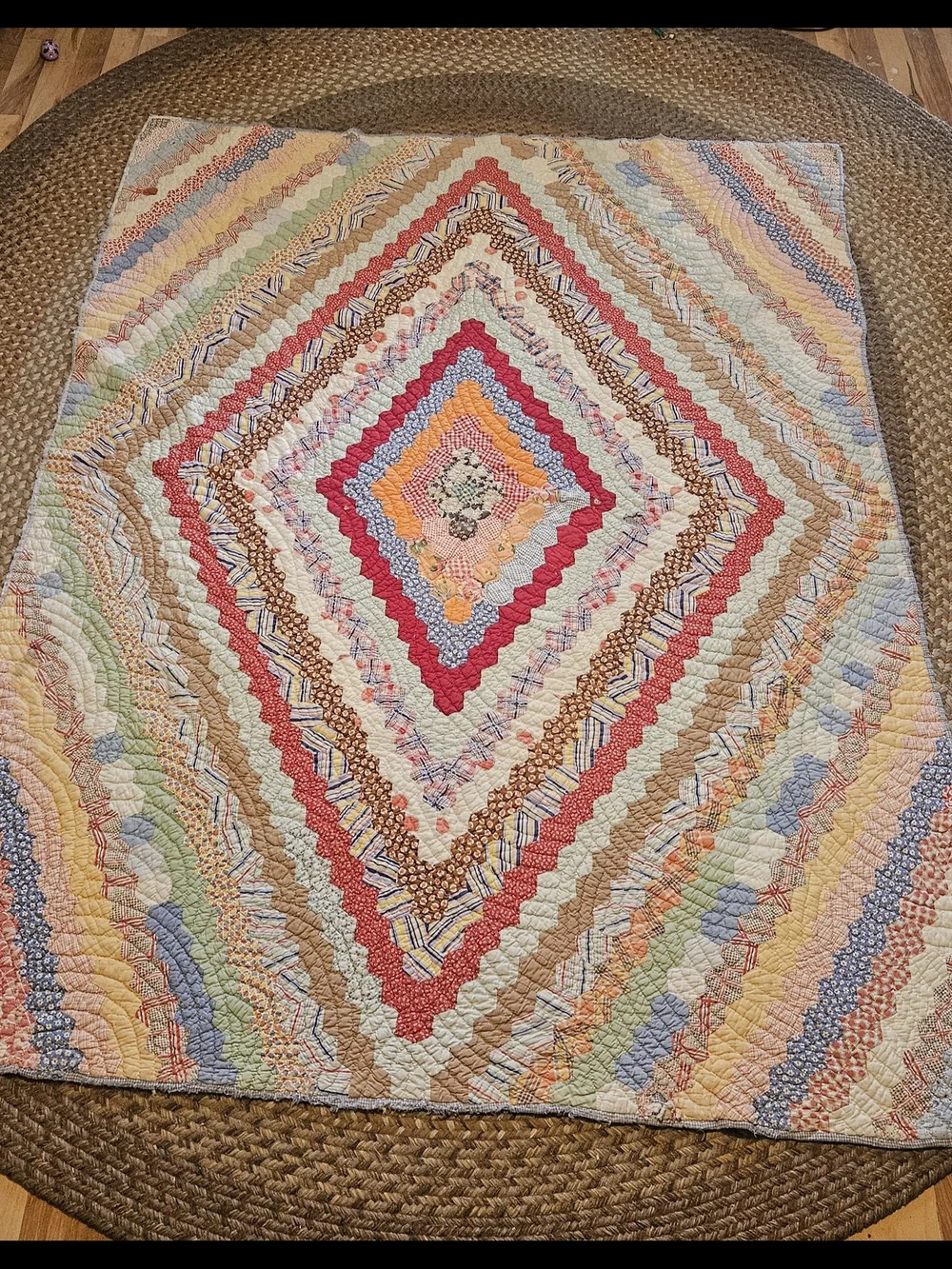 Vintage Patchwork Quilted Bedspread in Red, Blue, Yellow